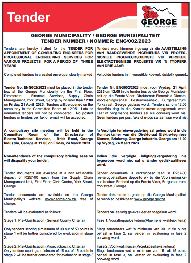 Tender for Appointment of Consulting Engineers for Professional Engineering Services for Various