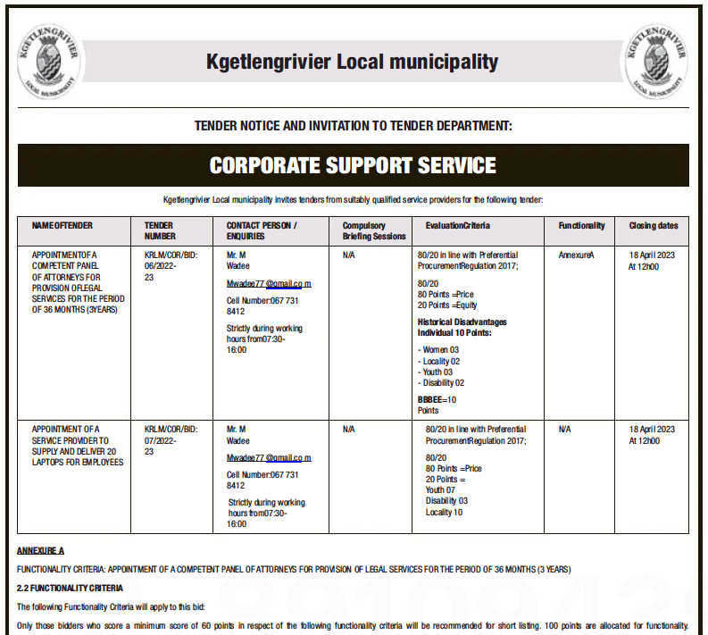 Appointment of a Service Provider to Supply and Deliver 20 Laptops for Employees Tender Bulletins