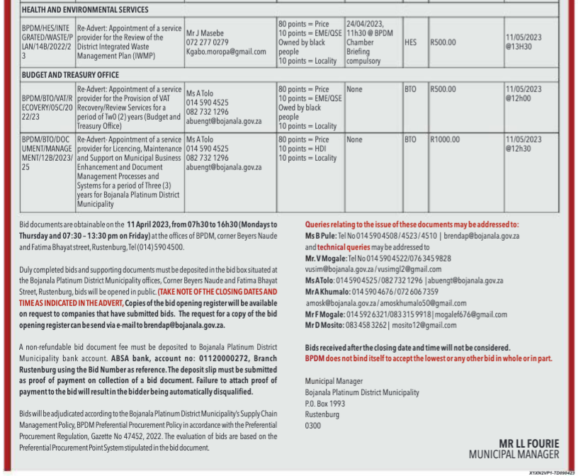 Appointment of Service Provider to Drill and Equip a Borehole for Mogwase Fire Station (Re