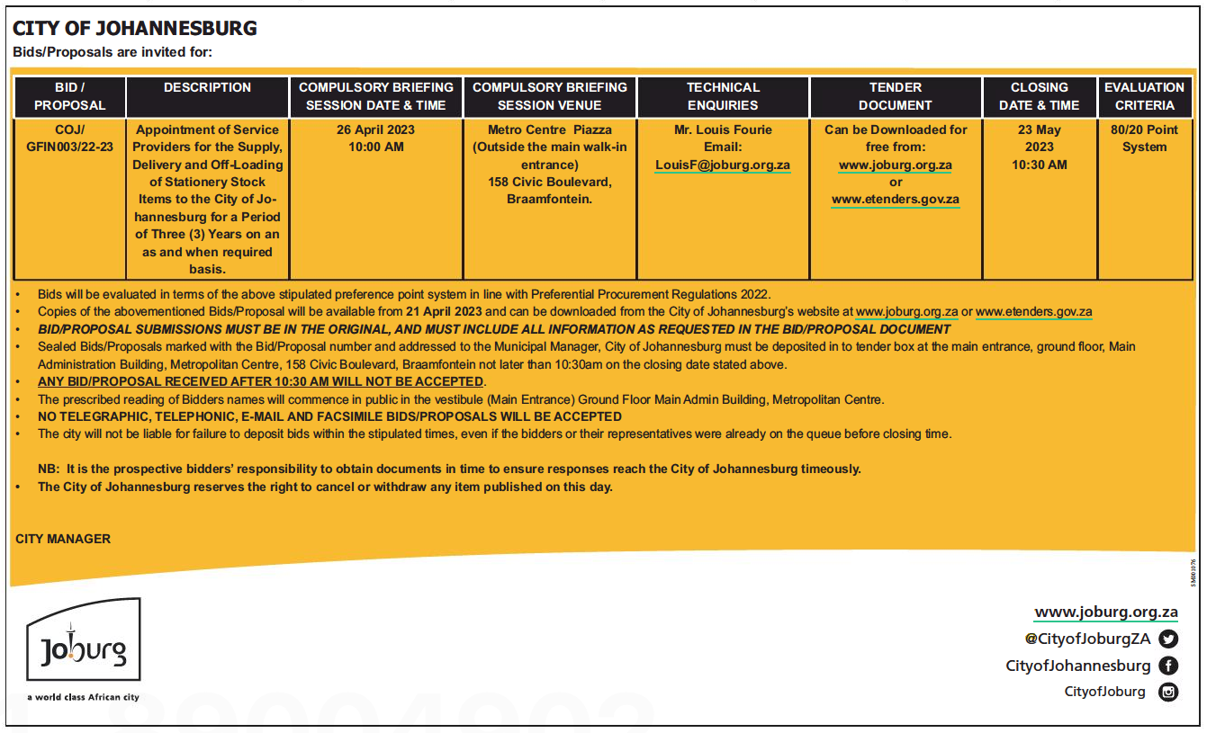 Appointment of Service Providers for the Supply, Delivery and OffLoading of Stationery Stock