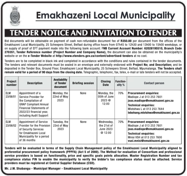Appointment Of Service Provider For The Provision Of Security Services For Emakhazeni Local 