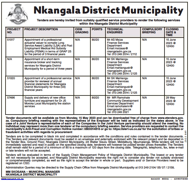 Supply and Delivery of New Office Furniture and Equipment for Dr JS Moroka Local Municipality