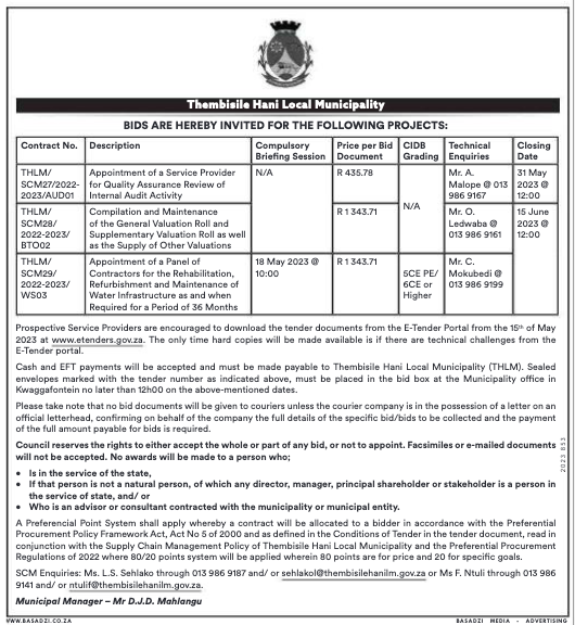 Appointment of a Panel of Contractors for the Rehabilitation, Refurbishment and Maintenance of Water Infrastructure as and when Required for a Period of 36 Months