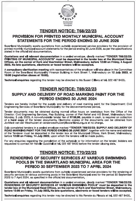 Rendering of Security Services at Various Swimming Pools in the Swartland Municipal Area for the Period 30 September 2023 to 7 April 2024