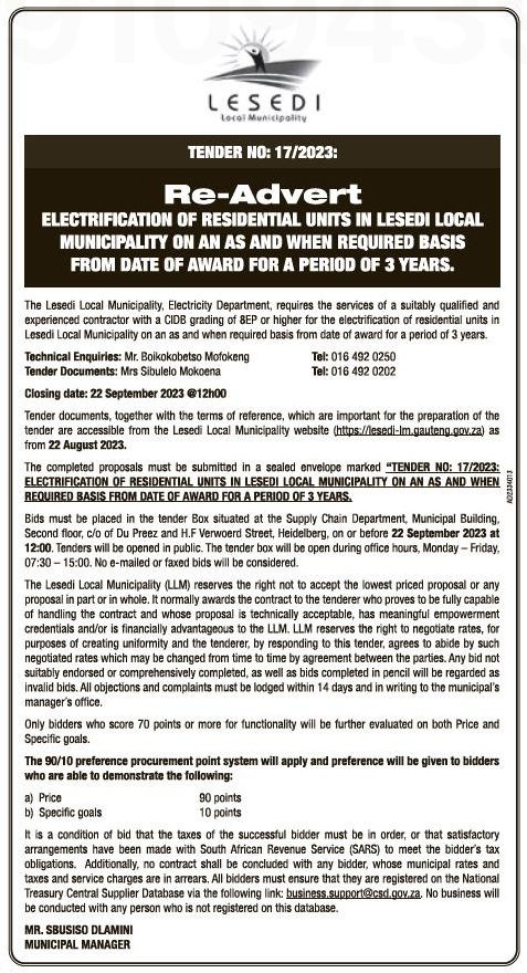 Electrification of Residential Units in Lesedi Local Municipality on an as and when Required Basis from Date of Award for a Period of 3 Years (Re-Advert)