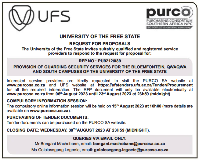 Provision of Guarding Security Services for the Bloemfontein, Qwaqwa