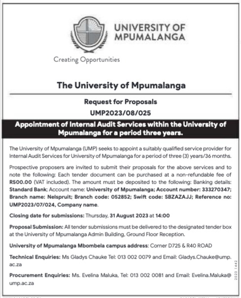 Appointment of Internal Audit Services within the University of Mpumalanga for a Period of Three Years