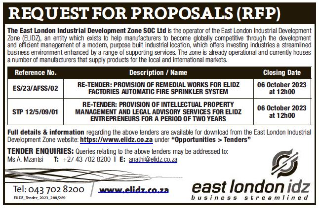 Provision of Remedial Works for ELIDZ Factories Automatic Fire Sprinkler System (Re-Advert)