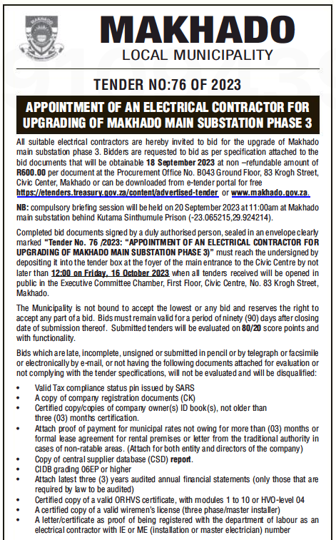 Appointment of an Electrical Contractor for Upgrading of Makhado Main Substation Phase 5