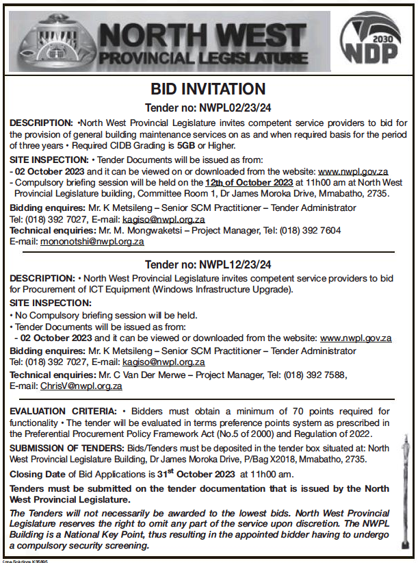 North West Provincial Legislature Invites Competent Service Providers to Bid for Procurement of
