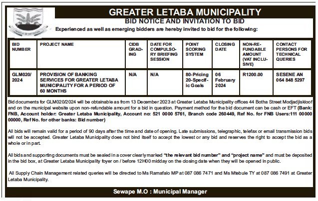 Provision of Banking Services for Greater Letaba Municipality for a Period of 60 Months