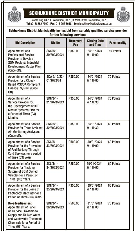 Appointment of Panel of Service Providers to Supply and Deliver Water and Wastewater Treatment Chemicals for a Period of Three(3) Years (Re-Advert)