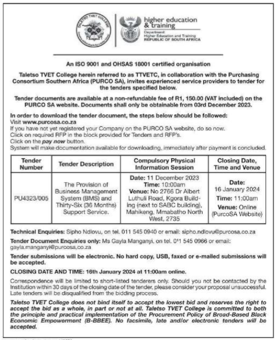 The Provision of Business Management System(BMS) and ThirtySix(36) Months Support Service
