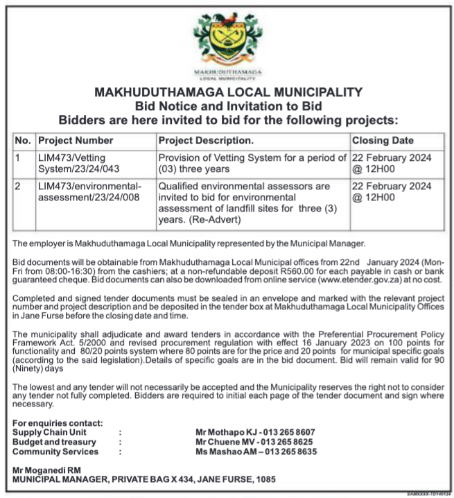 Qualified Environmental Assessors are Invited to Bid for Environmental Assessment of Landfill Sites for Three(3) Years (Re-Advert)