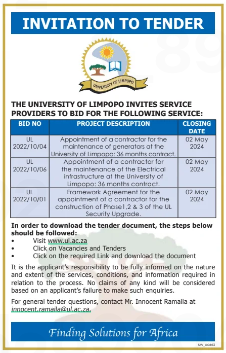 Appointment of a Contractor for the Maintenance of the Electrical Infrastructure at the University of Limpopo: 36 Months Contract